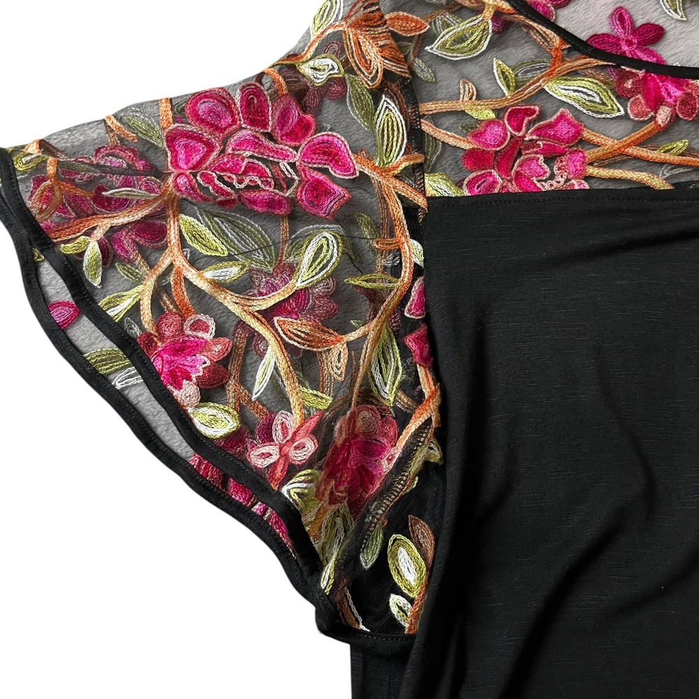 Suzanne Betro Womens‎ Black Floral Embroidered Mesh Flutter Sleeve Top Size M - Picture 3 of 9